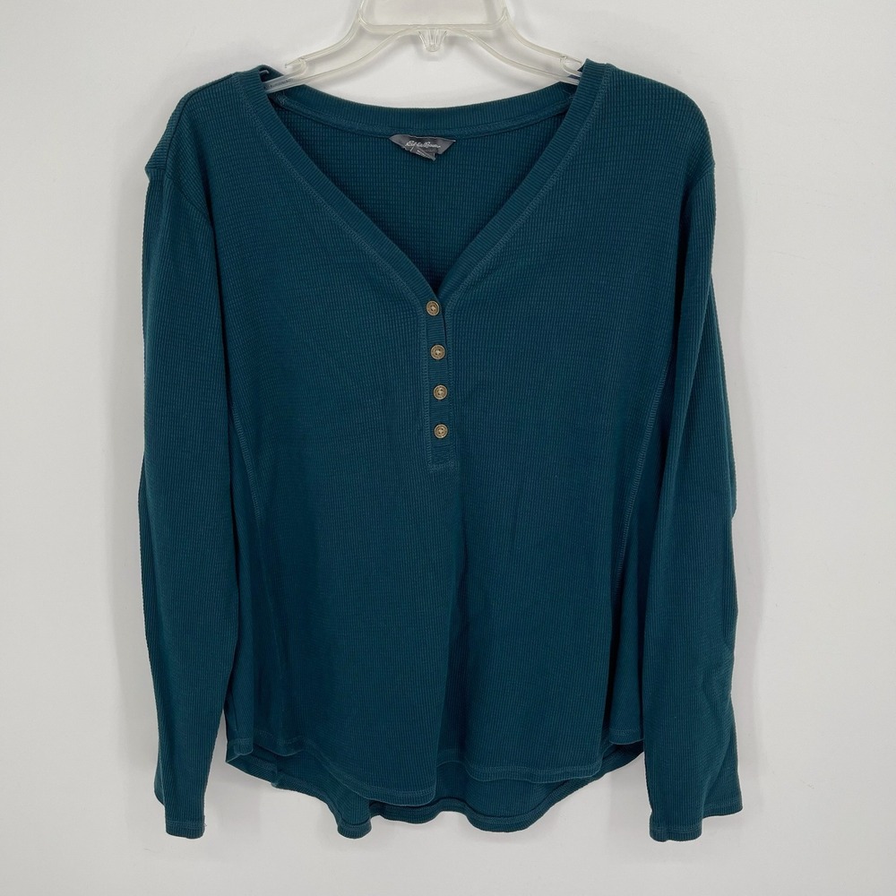 Eddie‎ Bauer Women's Teal Waffle Knit Henley Thermal Long Sleeve Top Size XL